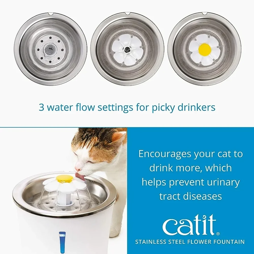 Catit Stainless Steel Flower Cat Drinking Water Fountain W/Triple Action…